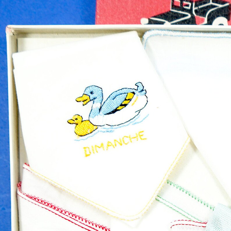 Orig Box 60s children handkerchiefs with animals embroidered French weekdays