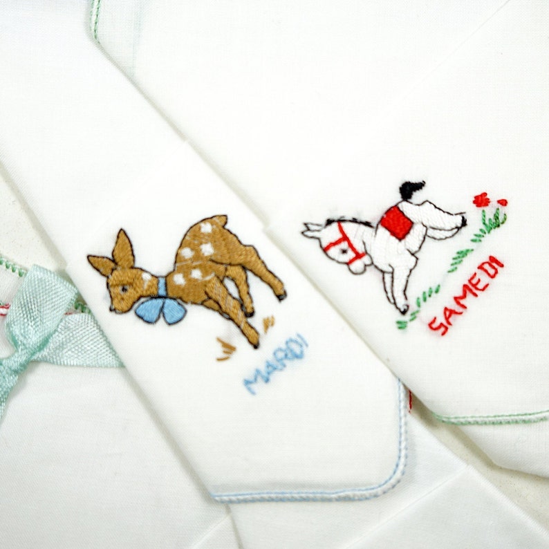 Orig Box 60s children handkerchiefs with animals embroidered French weekdays
