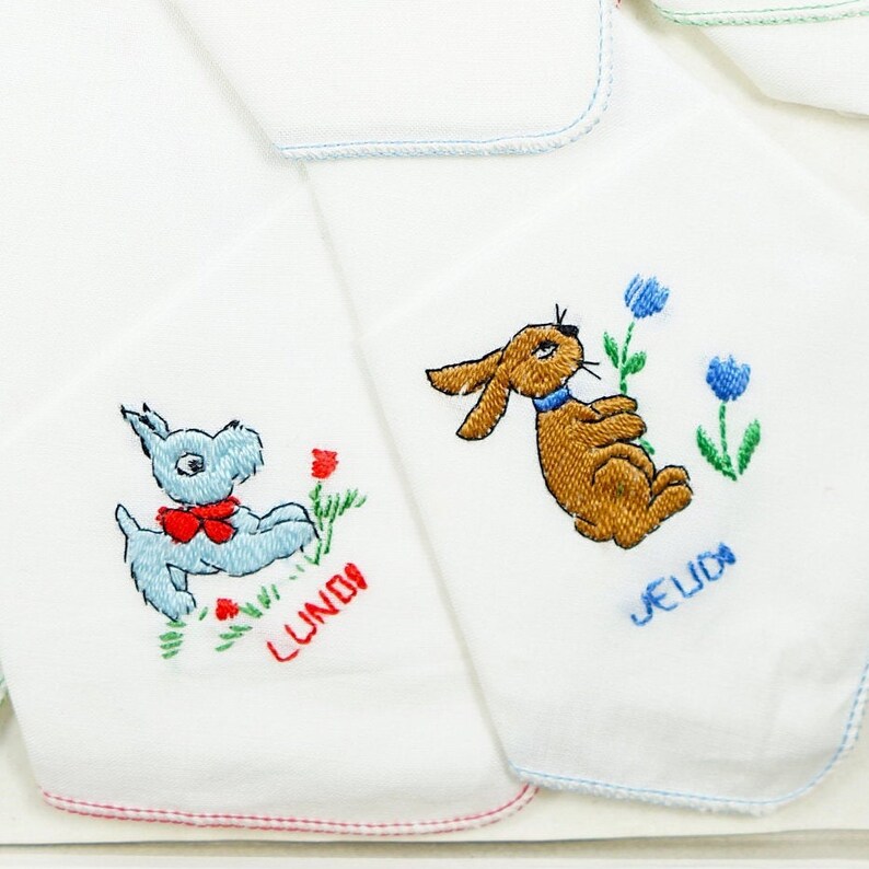 Orig Box 60s children handkerchiefs with animals embroidered French weekdays