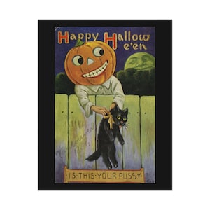 Happy Halloween Funny Jack O Lantern Black Cat Illustration vintage Mini impression Poster