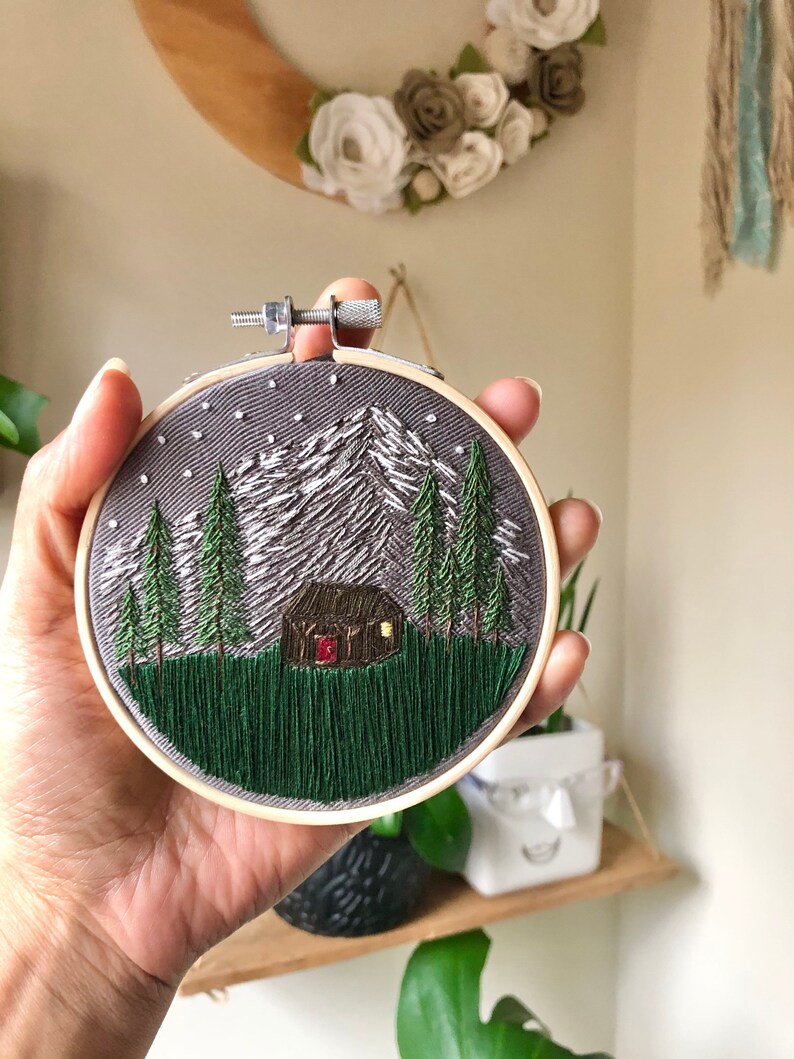 Cabin embroidery cabin art embroidery art thread painting hoop art fiber art embroidered cabin gifts for mom gifts for her