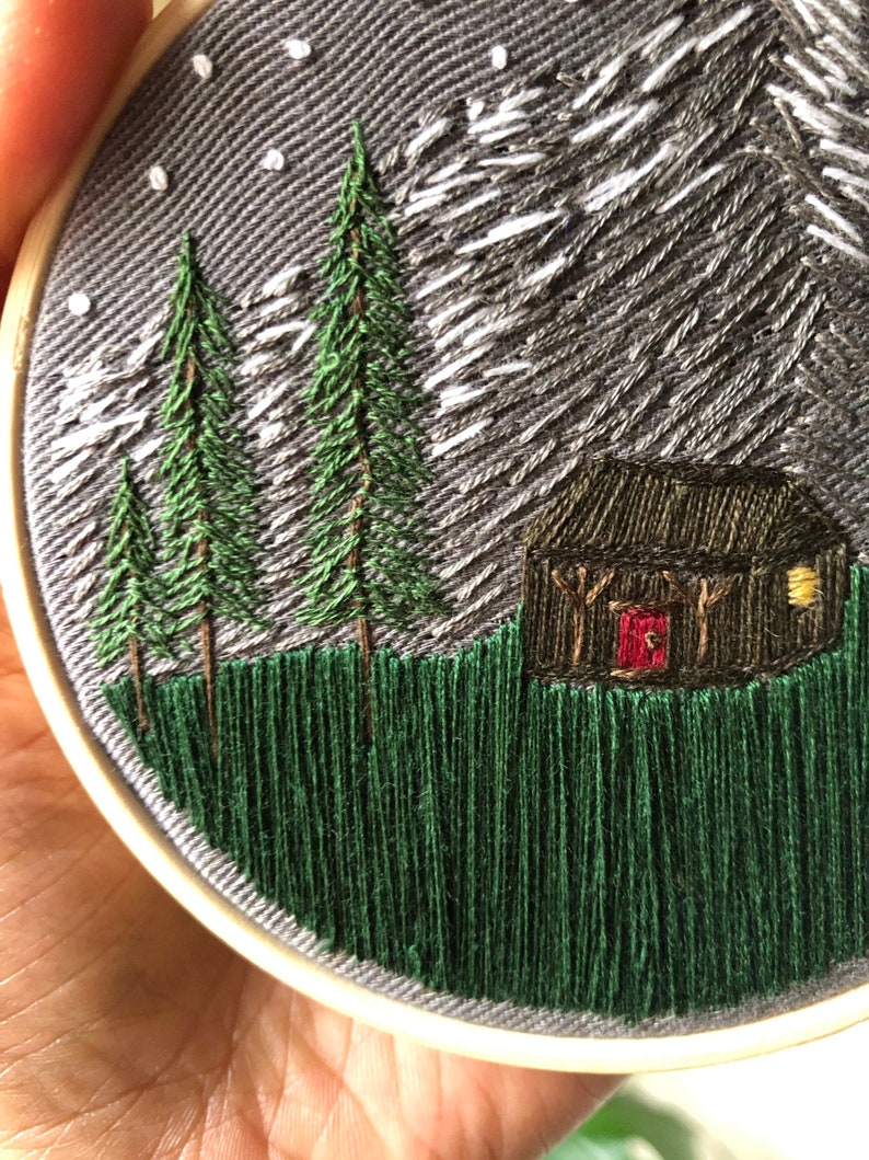 Cabin embroidery cabin art embroidery art thread painting hoop art fiber art embroidered cabin gifts for mom gifts for her