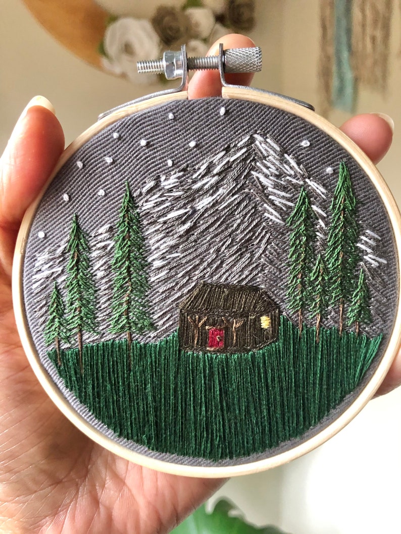 Cabin embroidery cabin art embroidery art thread painting hoop art fiber art embroidered cabin gifts for mom gifts for her