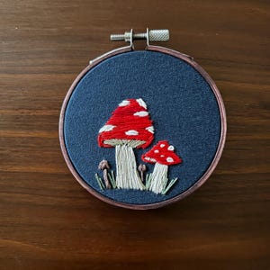 Mushroom embroidery, embroidered toadstool, hoop art, mushroom art, fiber art, thread painting, gifts for her, gifts for mom, plant lover