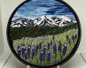 Embroidered mountains, mountain embroidery, embroidery art, thread painting, mountain art