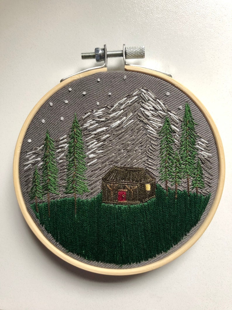 Cabin embroidery cabin art embroidery art thread painting hoop art fiber art embroidered cabin gifts for mom gifts for her