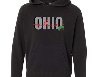 May include: Black hooded sweatshirt with a white and grey "OHIO" graphic with a red "ohio" script and a green leaf.