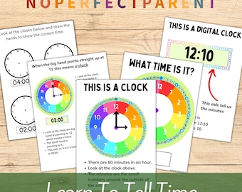 Regenbogen lernen die Zeit zu sagen Printable | Kinderuhr-Aktivität | Lehrzeit Arbeitsblätter | Lernspielzeug für die Vorschule & den Kindergarten