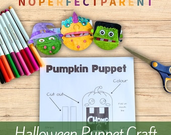 ハロウィーンのハンドパペット印刷物：子供向け工作アクティビティ（PDFダウンロード A4サイズ）