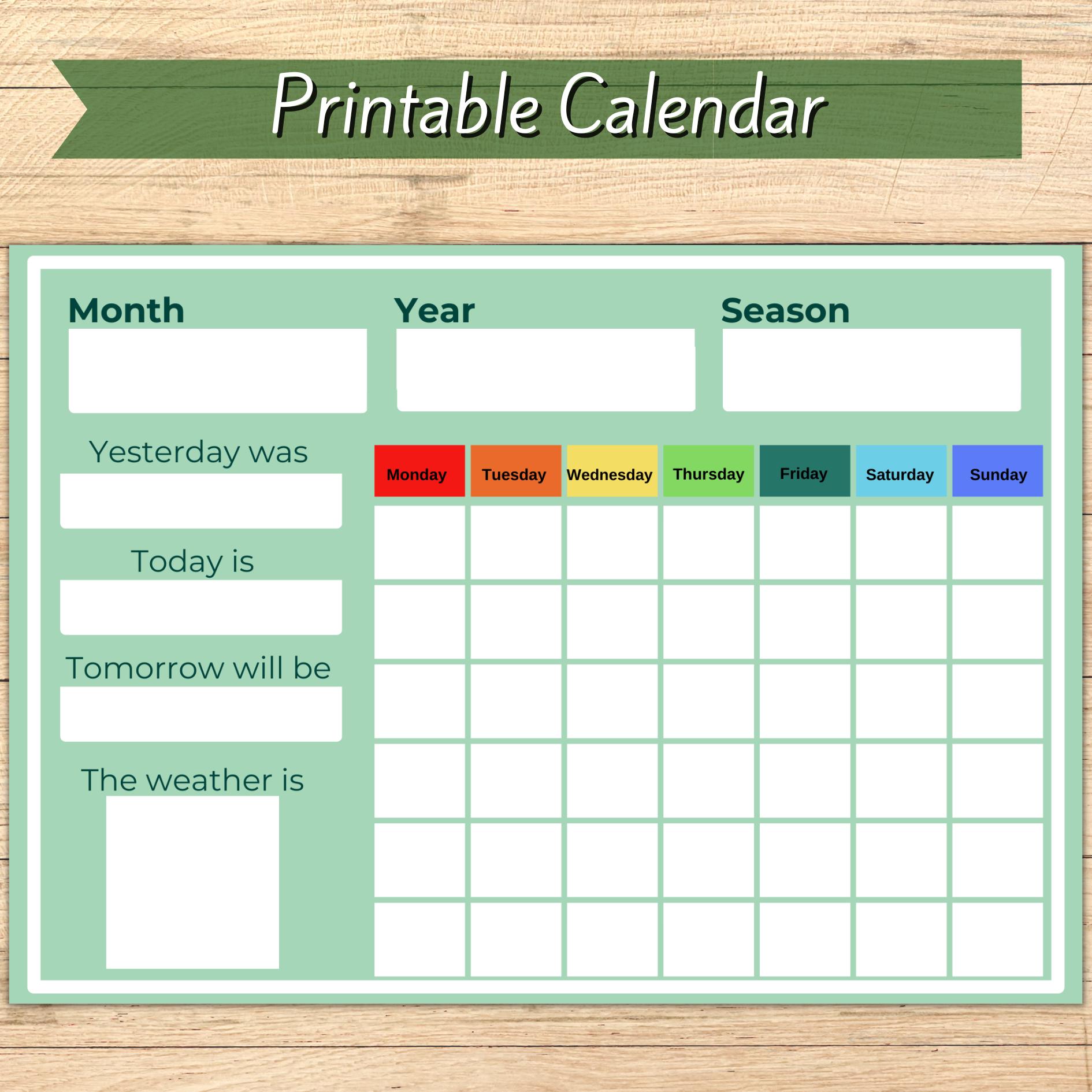 Printable Perpetual Calendar | Days of the Week Chart | Weather Chart ...
