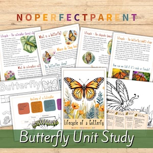 May include: A colourful butterfly unit study for kids with illustrations of butterflies, caterpillars, and chrysalises. The unit includes activities like colouring pages, anatomy diagrams, and a life cycle chart. The text on the pages includes the words "Butterfly Unit Study", "Lifecycle of a Butterfly", "What is a butterfly?", "Where do they live?", "Do butterflies sleep?", "What do caterpillars eat?", "Anatomy of a Caterpillar", "The caterpillar (larva) stage", "The chrysalis (pupa)", "The butterfly (adult) stage", and "How can we tell if it's male or female?"