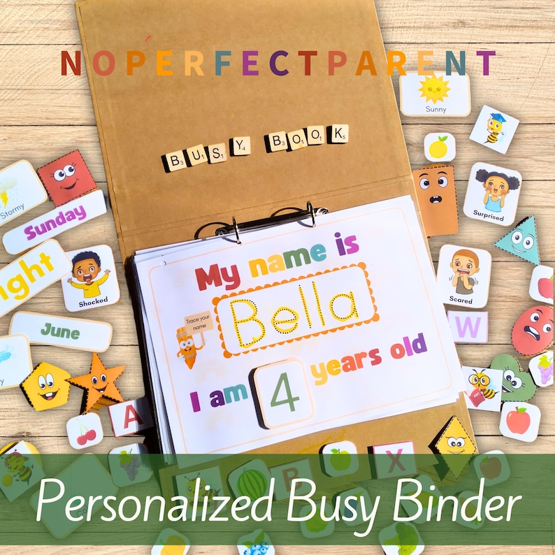 Personalized busy binder cover featuring [Child's Name] with colorful illustrations of letters, numbers, shapes, and animals.