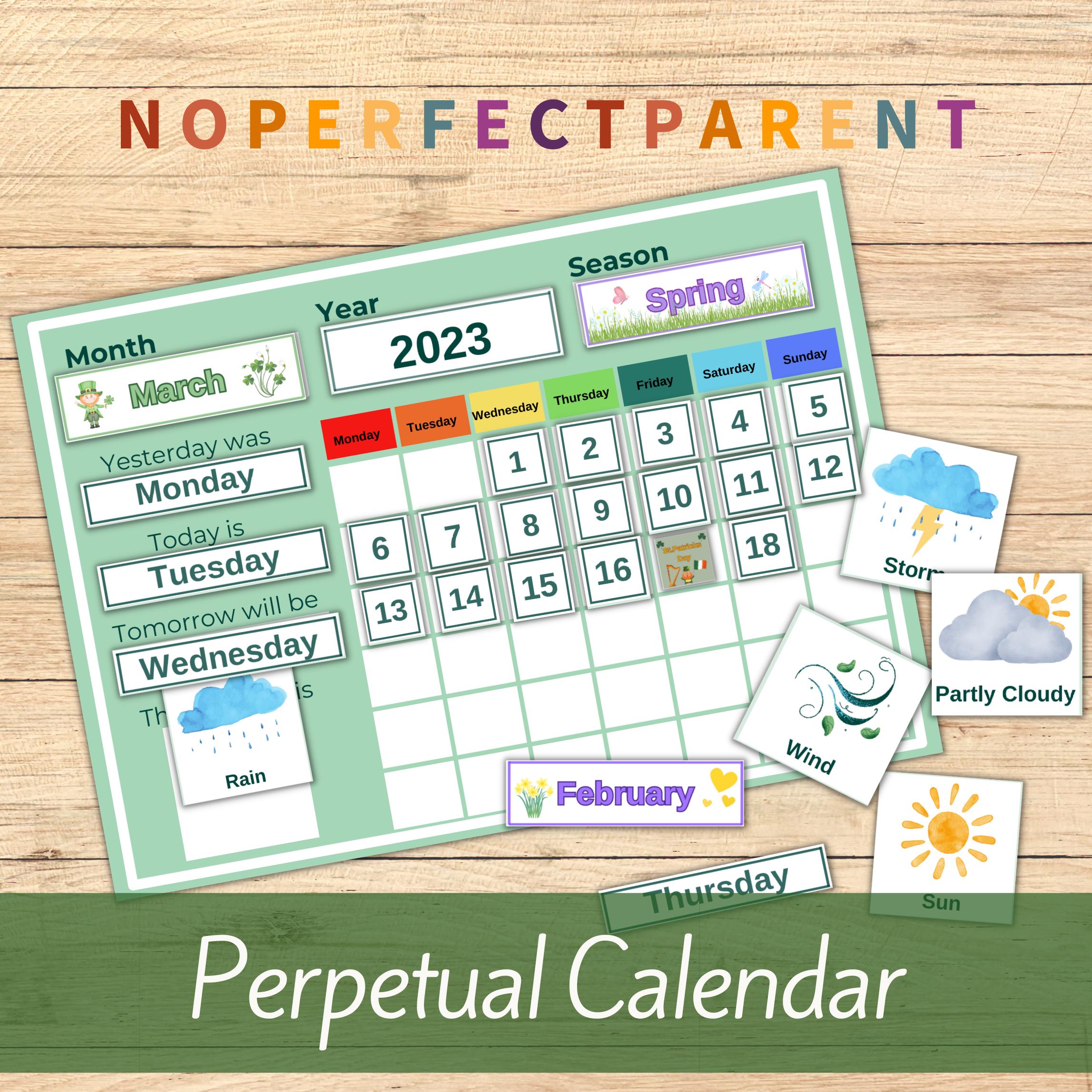 Printable Perpetual Calendar | Days of the Week Chart | Weather Chart for Kids | Classroom & Homeschool Wall Decor | Instant Download