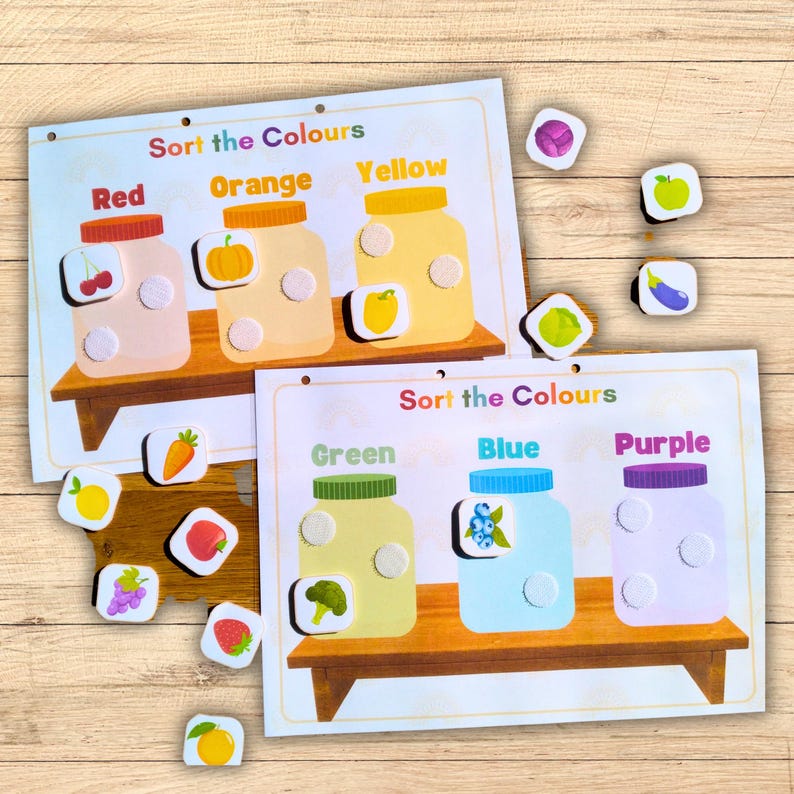 Vibrant color sorting page where children match objects to their corresponding colors