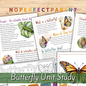 May include: Educational butterfly unit study materials. The image shows several pages with text and illustrations about butterflies, including their life cycle, diet, and habitat. The title "Butterfly Unit Study" is prominently displayed.