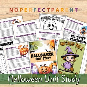 May include: A collection of Halloween-themed educational printables. The central image is a book titled "Halloween Unit Study" with pumpkins and ghosts. Other pages include "Spook-tacular," "The History of Witches," and a crossword. The text "No Perfect Parent" is at the top.