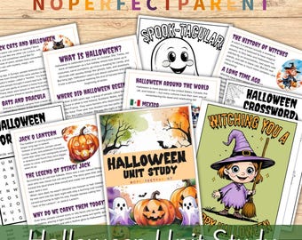 May include: A collection of Halloween-themed educational printables. The central image is a book titled "Halloween Unit Study" with pumpkins and ghosts. Other pages include "Spook-tacular," "The History of Witches," and a crossword. The text "No Perfect Parent" is at the top.