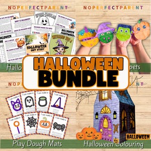 May include: A Halloween bundle featuring educational printables, including a unit study, crossword, and play dough mats. The image also shows hand puppets and a coloring page of a haunted house. The text "Halloween Bundle" is displayed.