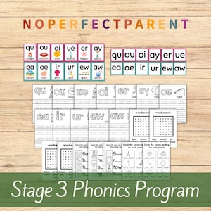 May include: A set of printable phonics worksheets for children learning to read. The worksheets feature various phonics sounds, including 'qu', 'ou', 'oi', 'ue', 'er', 'ay', 'ea', 'oe', 'ir', 'ur', 'ew', and 'aw'. The worksheets include word searches, tracing activities, and picture matching.