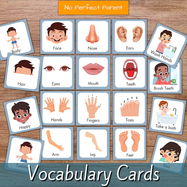 First words Vocabulary flashcards for Toddlers and Children Body Parts, facial features daily activities cards Homeschool Printable