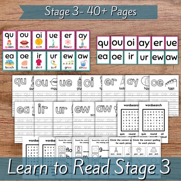Learn to read| Phonics Programme Stage 3| 40+ Pages| Teach Kids to Read| Homeschool Curriculum| Simple Reading program| Printable worksheets