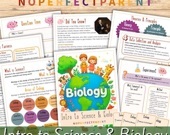 May include: A collection of educational biology materials, including flashcards and worksheets. The title "Intro to Science & Biology" is prominently displayed. The materials feature colorful illustrations and text, designed for learning.