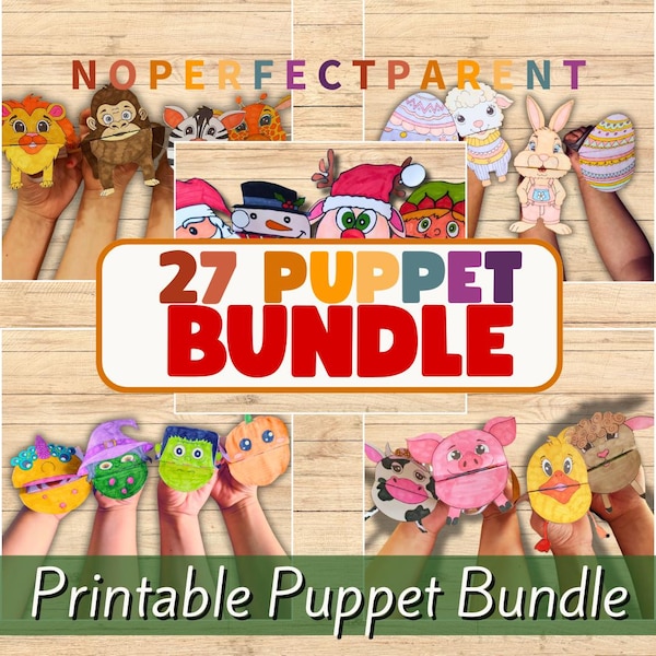 Printable Puppet Bundle | 30 DIY Paper Puppets for Kids | Holiday, Farm, Safari, Halloween & Easter Craft Activities | Homeschool Activity