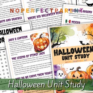May include: A Halloween Unit Study educational resource with colourful illustrations and text. The image shows pages detailing the history of Halloween, including Jack O'Lanterns and the origins of the holiday.