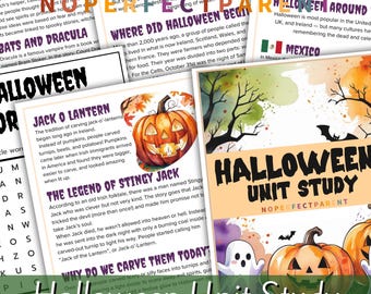 May include: A colorful Halloween Unit Study educational resource. The image features various informational pages with text and illustrations about Halloween traditions, including Jack O'Lanterns and the history of the holiday.