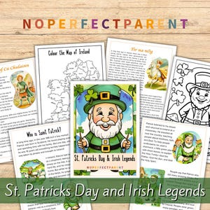 May include: A printable St. Patrick's Day activity pack with coloring pages, a map of Ireland, and information about Saint Patrick and Irish legends. The pack features illustrations of Saint Patrick, a leprechaun, and a woman riding a white horse.