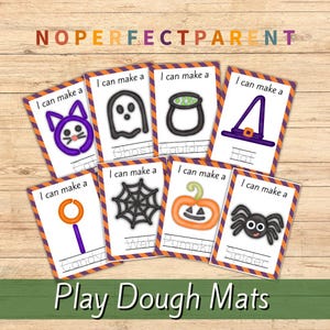 Może przedstawiać: Zestaw mat do ciastoliny o tematyce Halloween z ilustracjami kota, ducha, kociołka, kapelusza, cukierka, pajęczyny, dyni i pająka. Każda karta zawiera tekst "Mogę zrobić".