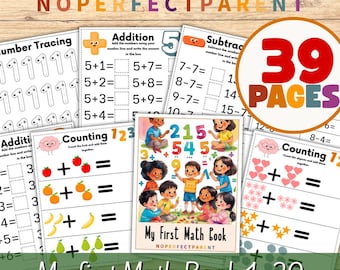 May include: A collection of children's educational worksheets and a book titled "My First Math Book 1-20." The worksheets feature number tracing, addition, subtraction, and counting exercises. The book cover displays colorful illustrations of children. The image includes the text "39 PAGES."