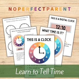 May include: A printable worksheet for learning to tell time. The worksheet features a digital clock, an analog clock, and a clock face with hands. The text "Learn to Tell Time" is at the bottom of the page.