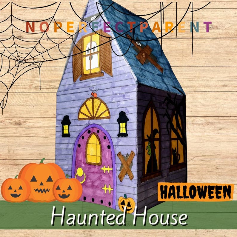 May include: A watercolor illustration of a purple haunted house with a blue roof, orange pumpkins, and the text "Haunted House" and "Halloween". The house has a purple door, yellow windows, and black lanterns. A spider web is in the upper left corner.