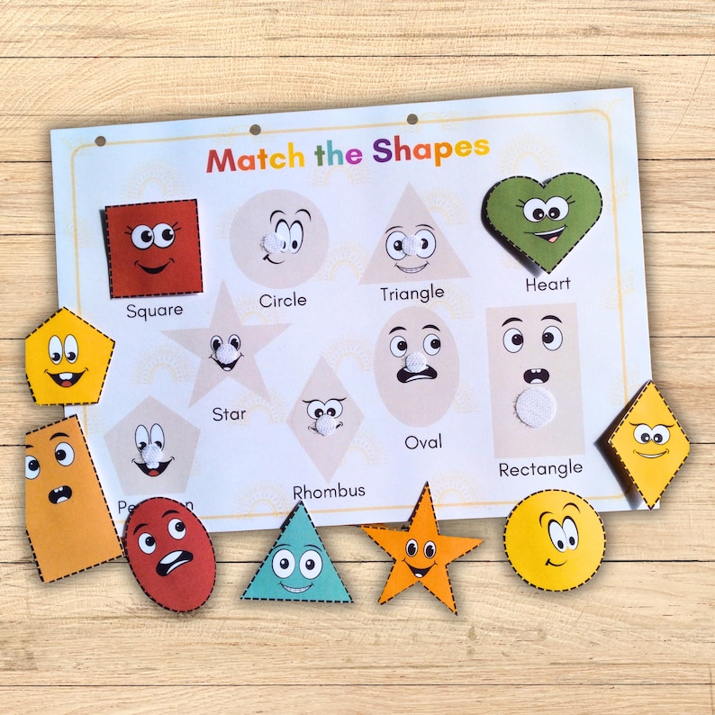 Colorful shapes matching activity with various geometric figures like circles, squares, and triangles.
