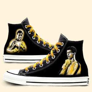 Bruce Leroy “The Glow” Converse | Custom High Top Sneakers | Last Dragon Inspired Shoes | Black & Gold Converse Chucks for Sneakerheads