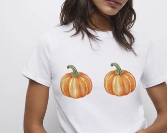 Pumpkin Boob Halloween T-Shirt - Funny Halloween Shirt for Women | Spooky Skeleton Graphic Tee