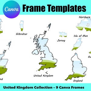 May include: A set of nine Canva frame templates featuring outlines of the United Kingdom and its constituent countries, including England, Scotland, Wales, Northern Ireland, Isle of Man, Jersey, and Guernsey. Each frame is filled with a light blue background and a green landscape at the bottom.