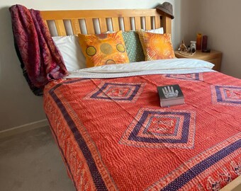 Handmade quilt, with Indian print and kantha stitch