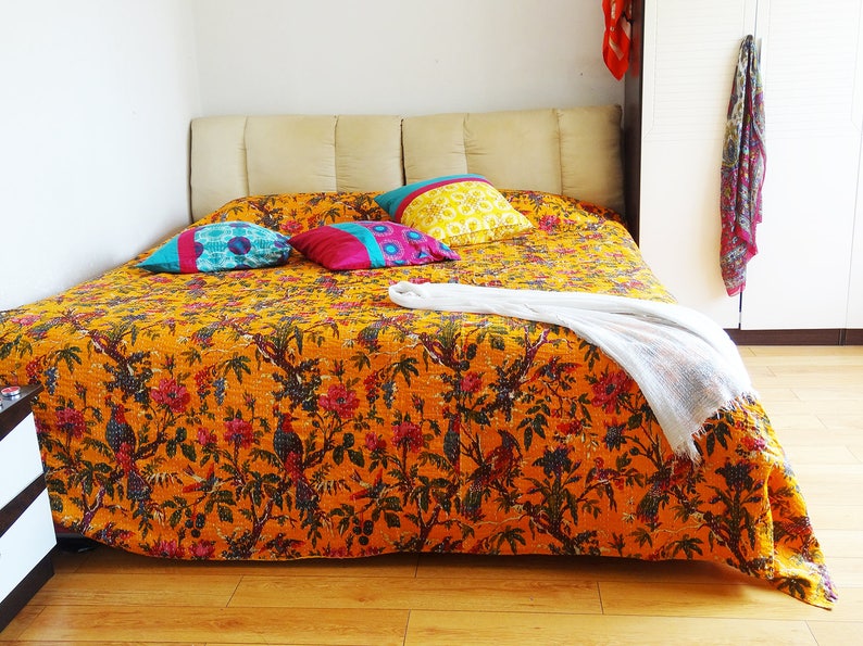 Bohemian Bedding Orange Quilted Tropical Print Bedspread With Kantha Stitch King Size Indian Style Throw