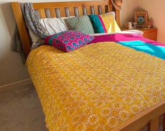 Bespoke, bohemian, hippy, quilted bedspread, kantha stitch, screen printed - Sundial stars design