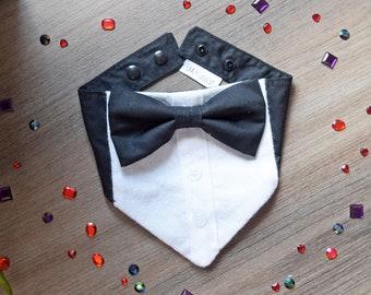 Tuxedo Cat or Dog Bandana - Wedding Pet Attire - Cat or Dog Formal Suit - Black and White Neckerchief - Snap On Bandana with Black Bowtie