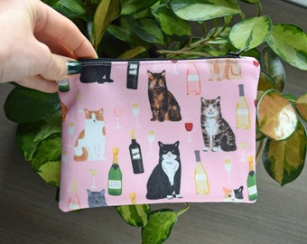 Cats and Wine Zipper Pouch - Pink Cat Purse - Black Cat Coin Purse - Cosmetic Bag Travel Set - Make Up Bag 3 Sizes - Cat Lover Gift Idea