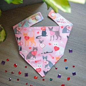 Anti Valentine's Day Cat Bandana Valentine's Day Pet Neckerchief Hearts Cat Bandana Hiss Off Cat Scarf Pink Cat Bandana with Snaps image 1