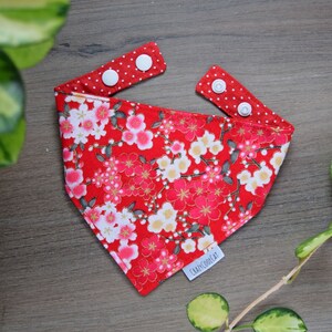 Cherry Blossom Cat or Dog Bandana - Sakura Pet Neckerchief - Spring Reversible Cat Bandana - Red Polka Dot Dog Scarf - Pet Bandana Snaps
