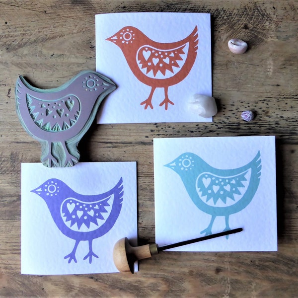 Set of 3 Easter Chicks greeting cards, linocut, folk art, Spring celebration, small cards