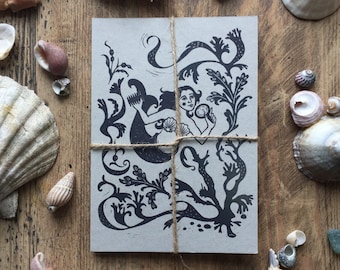 Wild Swimmer, pack of 5 mermaid postcards. Recycled card. Design from original linocut.