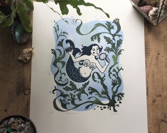 Wild Swimmer, limited edition linocut print, mermaid, folklore