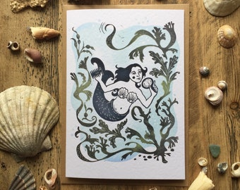 Wild Swimmer. Mermaid. A6 greeting card from a linocut design. Packs or singles.