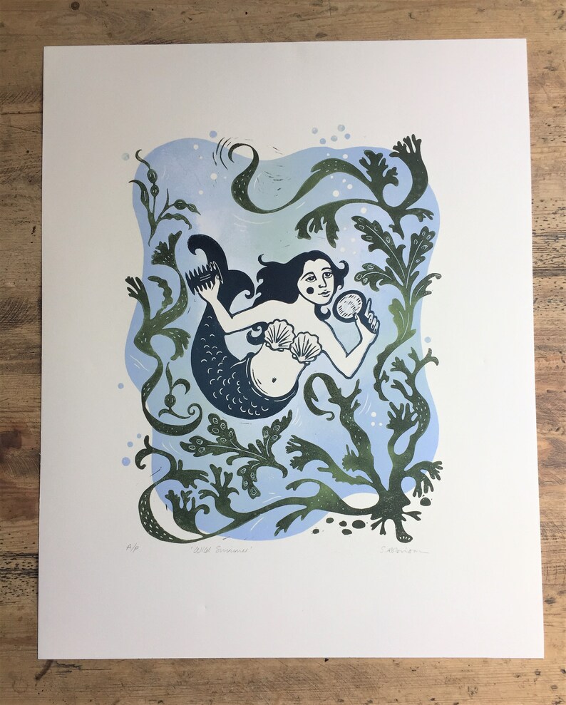 Wild Swimmer, impresión linocut de edición limitada, sirena, folklore imagen 3